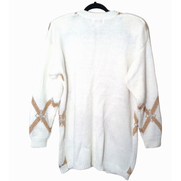 Y2k Jaclyn Smith Argyle Cardigan Sweater Medium Holiday Festive Cream Glitter Wa - Picture 4 of 9